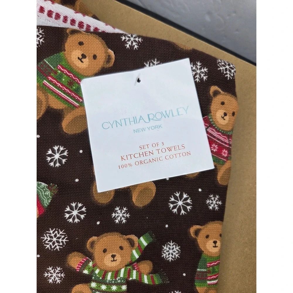 Cynthia Rowley Christmas Teddy Bear Kitchen Towels Set Organic Cotton Brown New